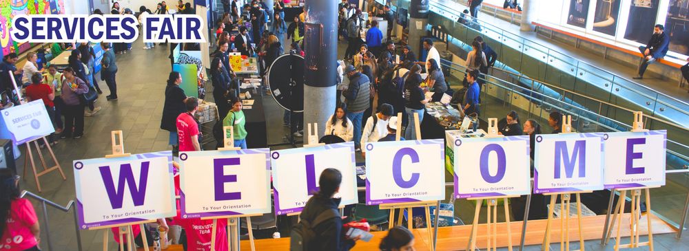 A promotional image with the text Service Fair shows a large group of people mingling among information tables in a recessed area, with a large banner that reads WELCOME at the entrance.