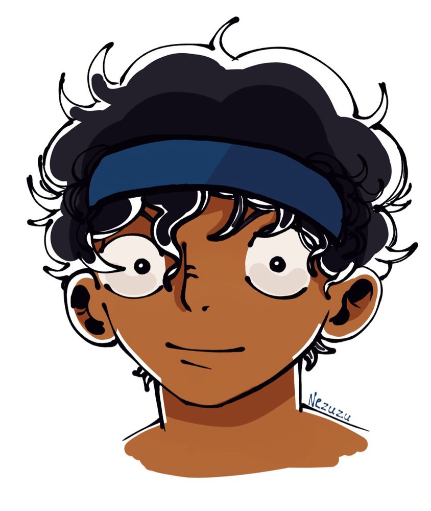 Um desenho de um rapaz pardo, de cabelo escuro cacheado, com uma bandana azul na cabeça.