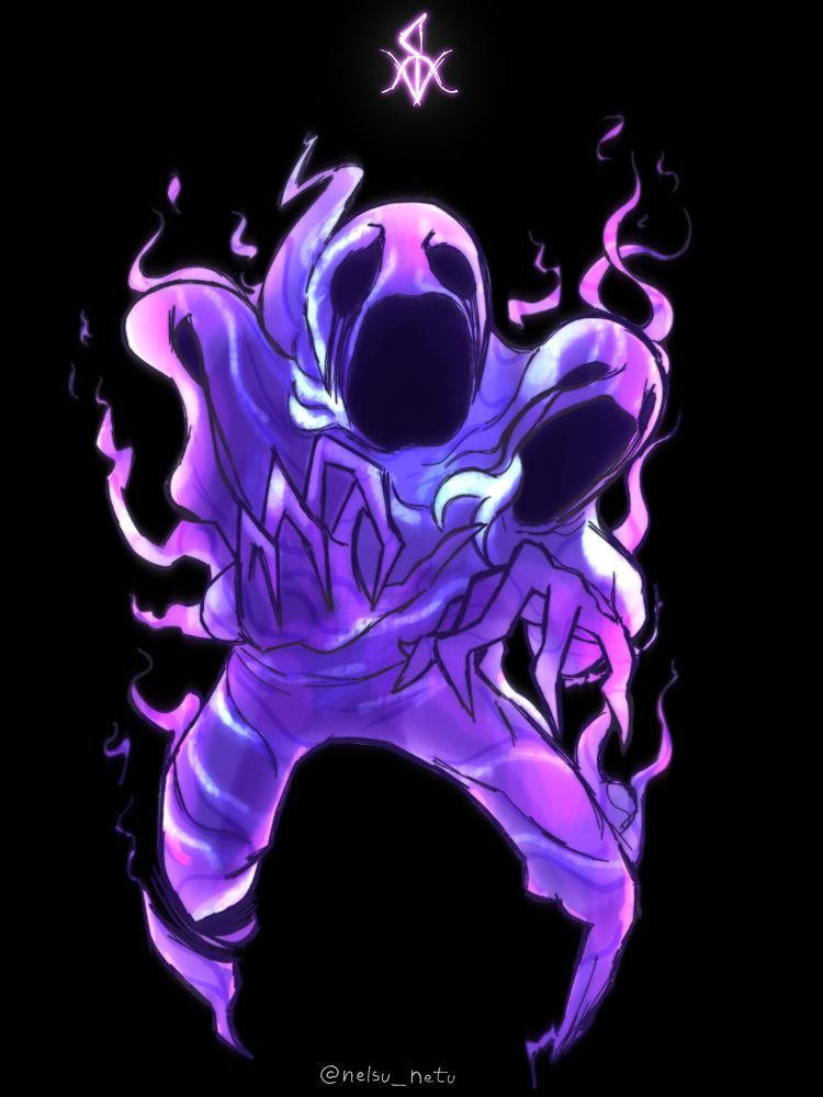 Uma criatura fantasmagórica roxa com três cabeças.