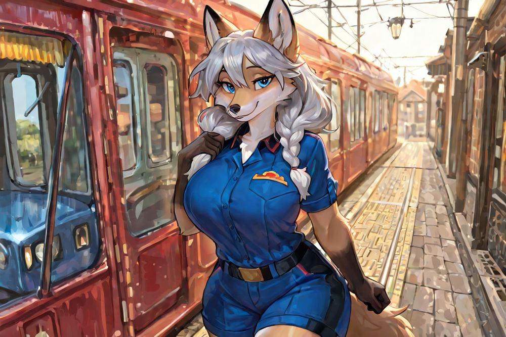 Chica zorro gris delante de un tranvía moderno rojo