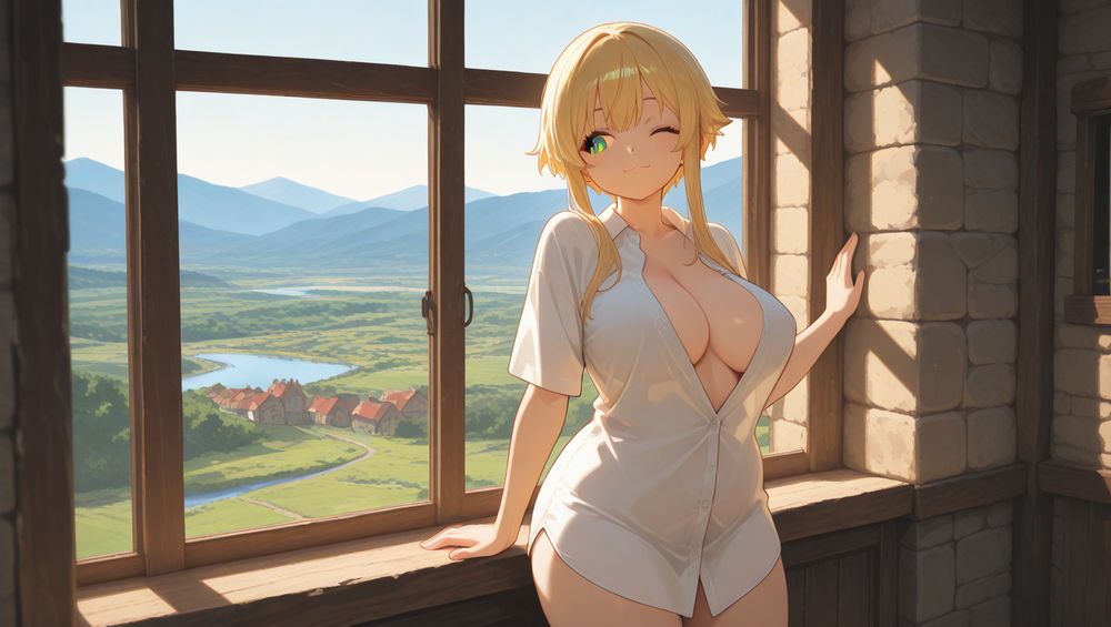 A blonde woman dressed only with a shirt slightly unbuttoned winks and looks through a window of a medieval inn to the enviroment, mountains, little town, hilly countryside