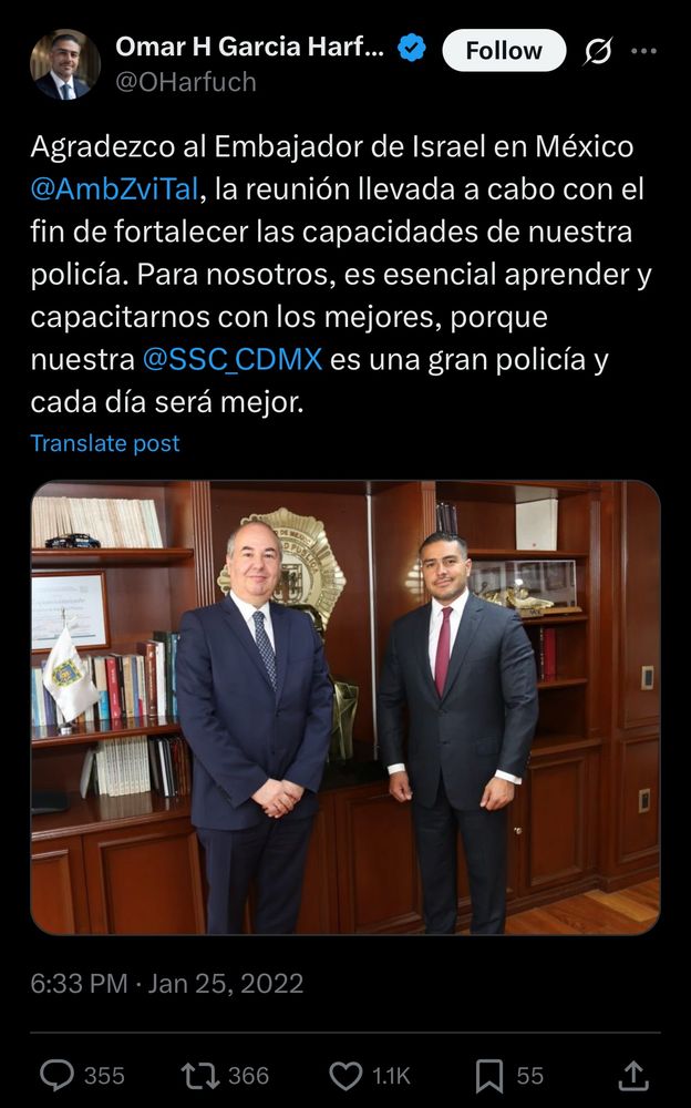Captura de pantalla de tuit de Omar García Harfuch agradeciendo al embajador de Israel en México en 2022, el entrenamiento de la policía de la CDMX
