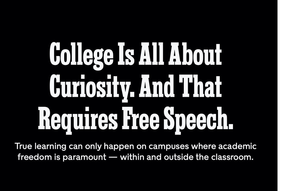 Screenshot of the headline of Stephen L. Carter's piece in the NYT Magazine: "College is All About Curiosity. And That Requires Free Speech: True learning can only happen on campuses where academic freedom is paramount—within and outside the classroom."
