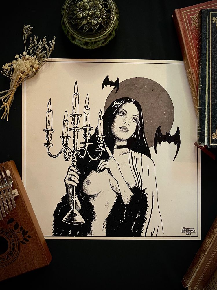“Catjira” pen and ink nude pinup illustration by Danny Graham