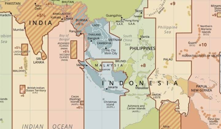 Map of timezones from India to Japan. Malaysia is a notable exception within its latitude which mostly follows GMT+7 line, instead sharing a time zone with China, the Philippines and Western Australia.