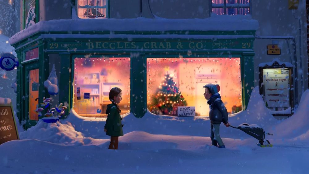 A still from the film That Christmas, boy and girl standing opposite each other in the snow outside a corner shop