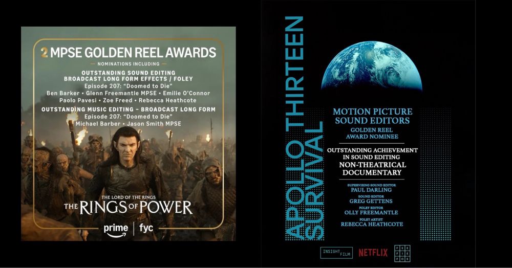 Nomination announcements for The Lord of the Rings: The Rings of Power Episode 207 Outstanding Sound Editing Broadcast Long Form Effects/Foley and Apollo Thirteen Survival Outstanding Achievement in Sound Editing Non-Theatrical Documentary