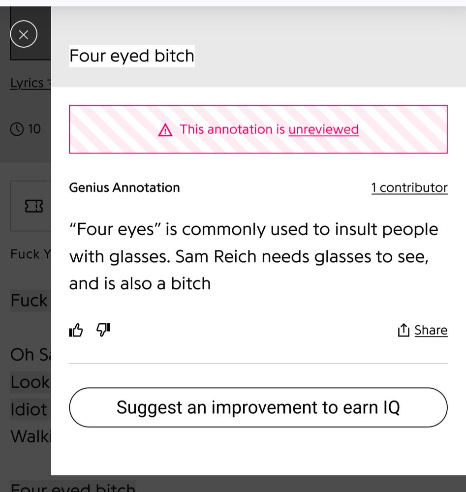 Quote from genius.com: "Four eyes" is commonly used to insult people with glasses. Sam Reich needs glasses to see, and is also a bitch 