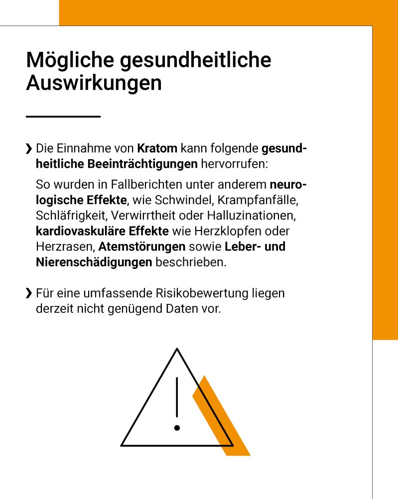 Mögliche gesundheitliche Auswirkungen: Die Einnahme von Kratom kann folgende gesundheitliche Beeinträchtigungen hervorrufen: So wurden in Fallberichten unter anderem neurologische Effekte, wie Schwindel, Krampfanfälle, Schläfrigkeit, Verwirrtheit oder Halluzinationen, kardiovaskuläre Effekte wie Herzklopfen oder Herzrasen, Atemstörungen sowie Leber- und Nierenschädigungen beschrieben. Für eine umfassende Risikobewertung liegen derzeit nicht genügend Daten vor.