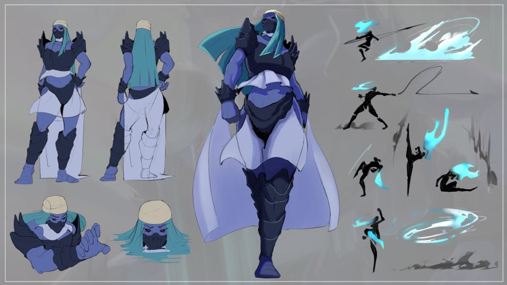 Reference sheet for Thallas: a water-haired, blue-skinned water-user