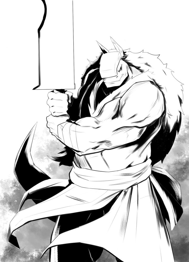 A black and white page of a bi-pedal dragon warrior holding a greatsword