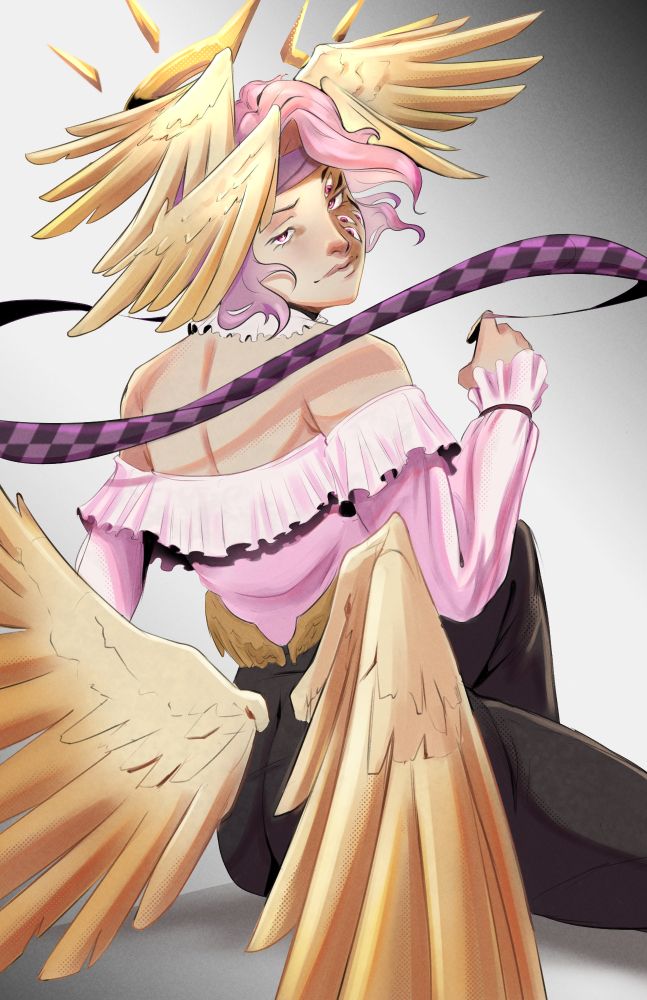 Art of Sacrifice's Angelic Character who has an adornment of wings, four on their head, a pair around their waist, and two near the back of the pelvis. 

The character sits on the floor with a checkered ribbon that's tied to their finger while staring back at the viewer.
