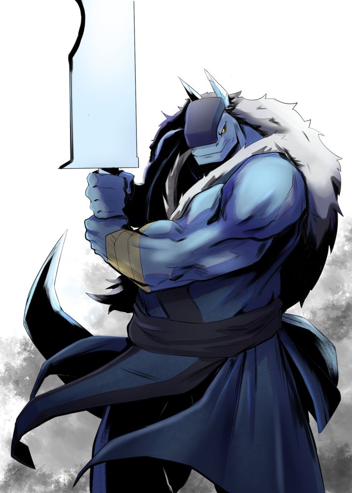 A muscular bi-pedal dragon with a fluffy white mane holding an ice greatsword