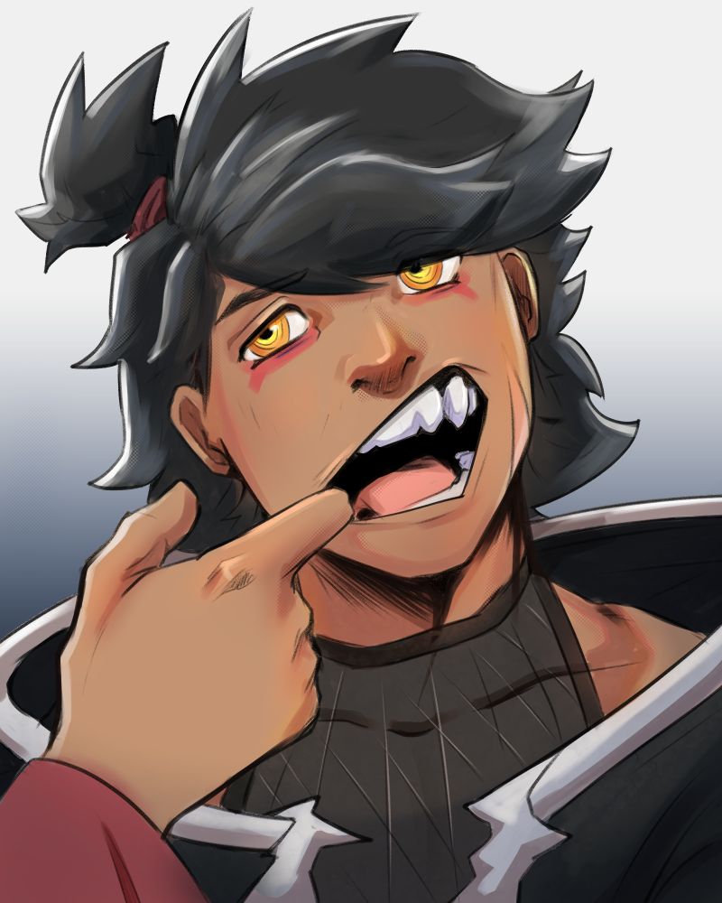 Original character design of a part-orca human. They wear a black and white jacket to mimic the orca's colors, but also have accents of red throughout their color scheme. 

Their finger is pulling their mouth to show their teeth.
