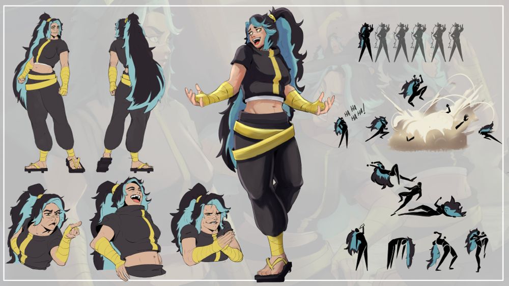 Reference sheet for Demi: A long blue & black-haired girl who can copy herself