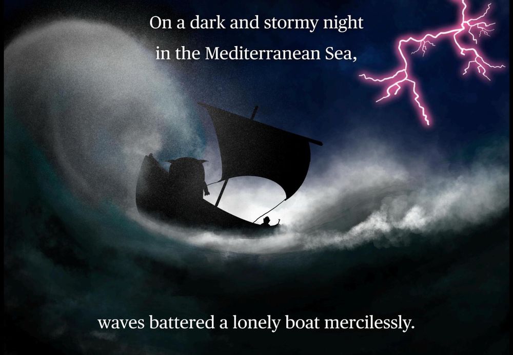 silhouette of a boat with two figures aboard sailing a dark and stormy sea. Lightning is flashing in the background.