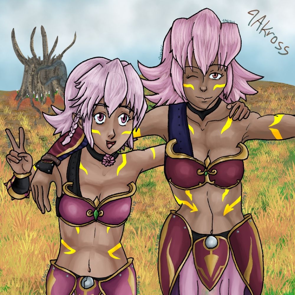 Two young women in pink standing in a dry grassy field.