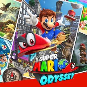 Super Mario Odyssey's box art featuring a picture of Mario throwing his cap with a big city atop of other pictures of Mario's adventures.  