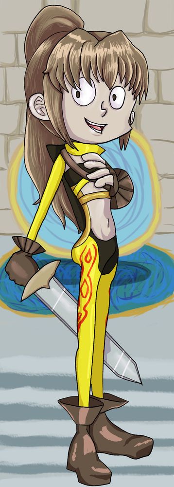 A young woman with Brown hair wearing yellow stand atop of stairs with a blue portal inside a golden ring