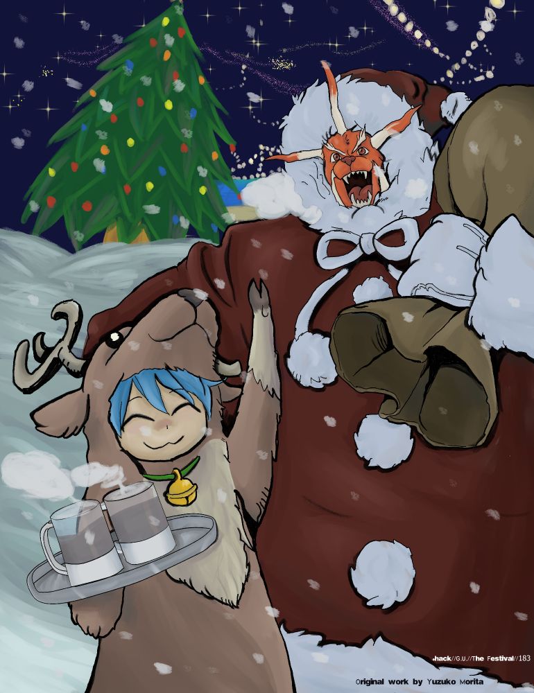 a beastly man, Gabi dressed as Santa Claus with a sack slung over his shoulder and a blue haired boy serving cocoa in a reindeer Costume standing in the snow with a pine tree covered in glass balls