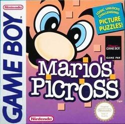 Mario' Picross for the gameboy's cover Mario's face is featured behind the game's logo 