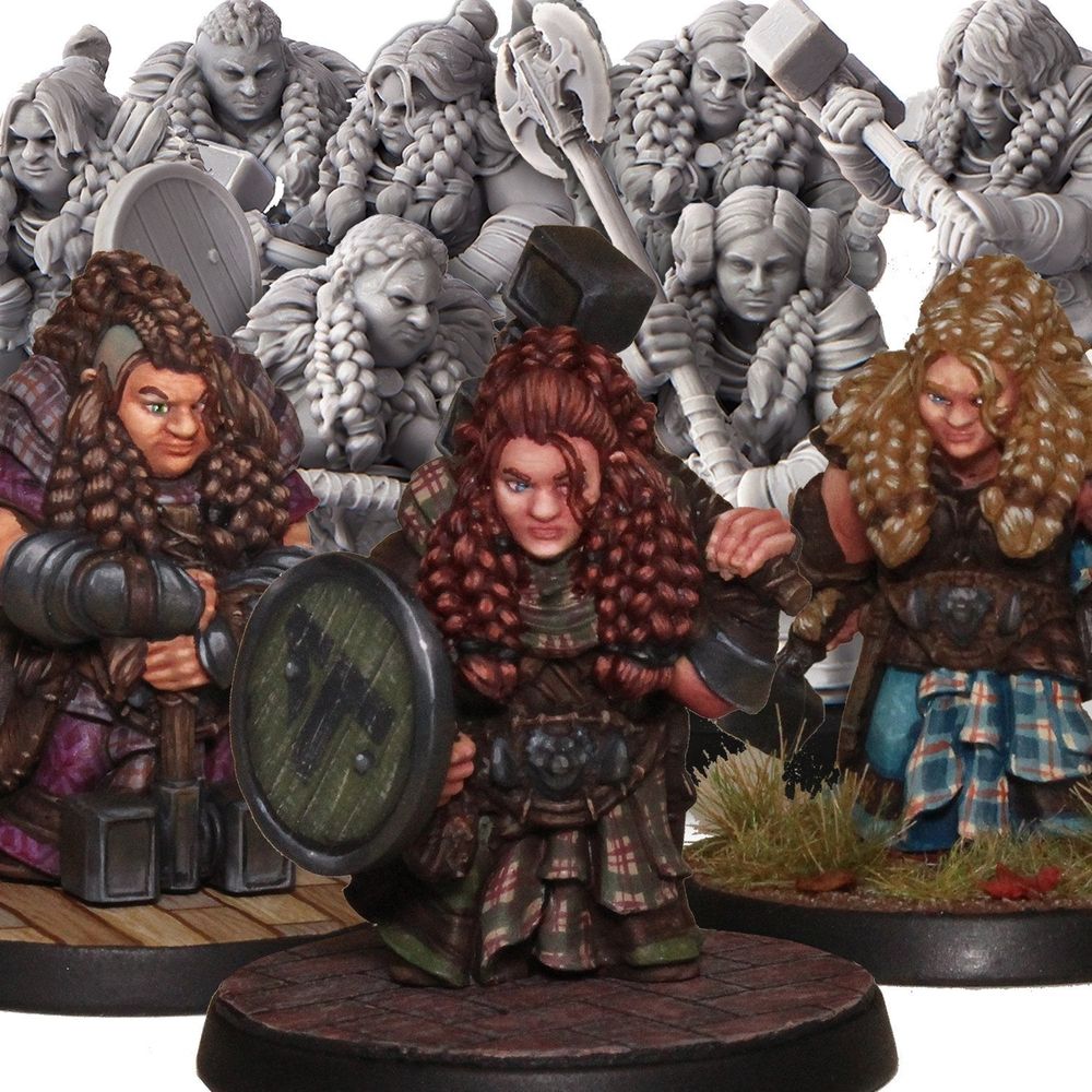 A unit of female fantasy Dwarves miniatures.

They all have amazing braided hair and detailed painting.

One at the front is resting a hammer on her shoulder and holding an olive green shield. 

One on the left also has a hammer but is on the floor with her hands holding the handle.