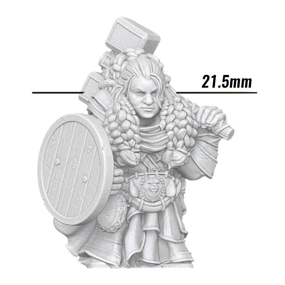 An image of one dwarf miniature showing the scale. It is 21.5 millimeters to the eye