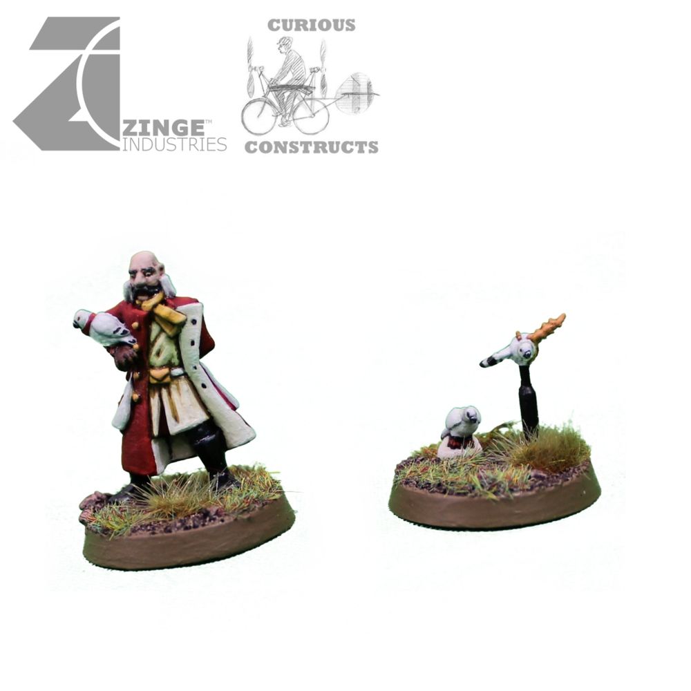 A tabletop miniature set of a pigeon keeper and seperate pigeons.

The keeper isnwearing a white trenchcoat and holding a pigeon and there are two pigeons on a seperate base, one flying and one sitting down.