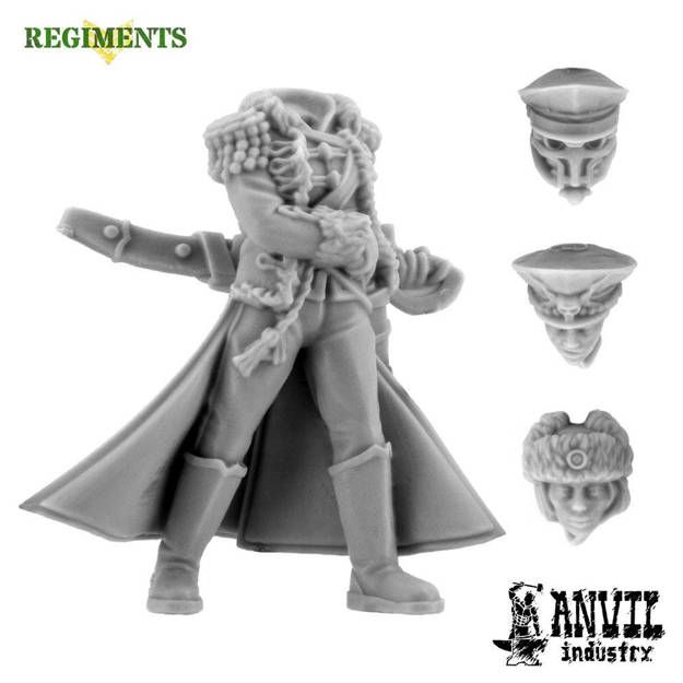 An unpainted resin miniature of a female Commissar. 

There is a body with no head attached. 
They are wearing knee high boots, a rather spiffy uniform with tassles and epaulette and a cloak.

They are holding a sabre which is horizontal across their back.

There are 3 seperate heads to choose from.
One with a furry cossack like hat, one with a sergeant visor cap and one in full gas mask.
