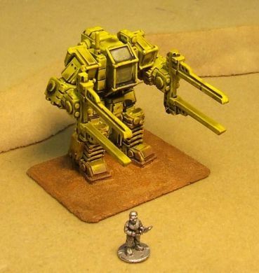 A 15mm miniature of a large power loader mech. With two legs and two outstretched arms with 'claws' used to pick up containers and such.

Yellow in colour. 

There is a 15mm unpainted trooper next to it for scale.