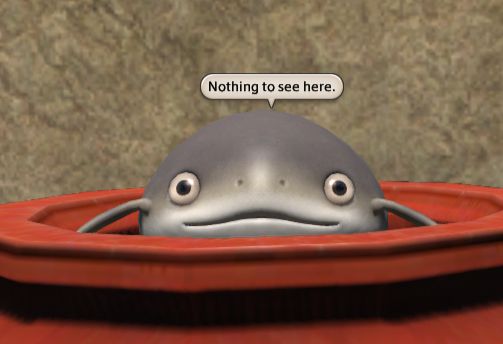 A screenshot of a namazu from Final Fantasy 14 hiding in a large pot. There is a speech bubble reading "Nothing to see here".