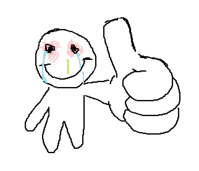 A simple drawing of a person who appears to have been crying giving a thumbs up.