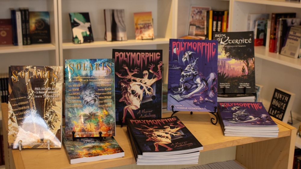(Left to right) two volumes of Solaris, volume 2 of Polymorphic Magazine, volume 1 of Polymorphic Magazine, and a volume of Brins D’Éternité