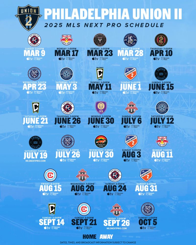 Schedule of matches for the 2025 season of Philadelphia’s MLS Next Pro franchise: Philadelphia Union 2. 