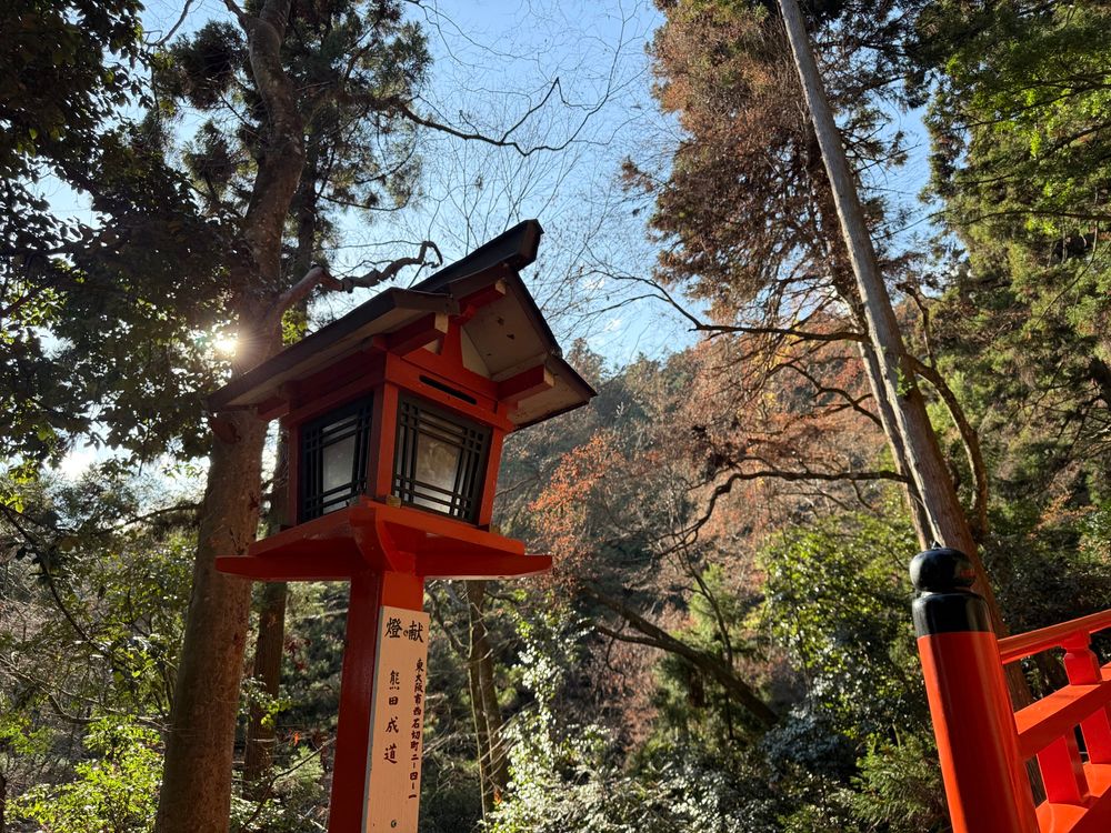 A red lantern on the path up to the shrine against the trees and sun 