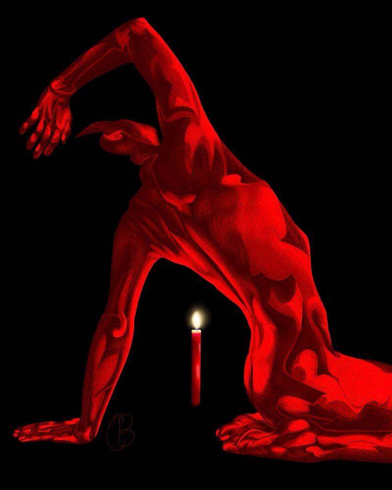 A human sitting in their knees/legs leaning back their left arm holding them up while their right arched up dramatically. There is a candle under the arched back creating the light source. They are filled in red. Varying in dark and light in an abstract sense.  