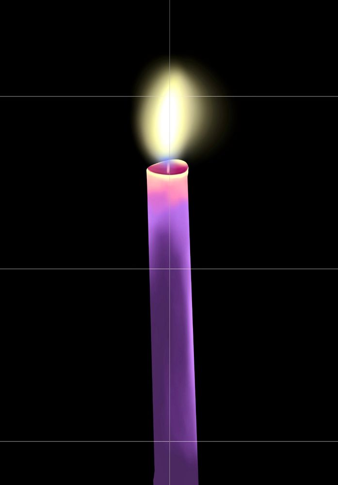 Black background. Light purple candle with a yellow-white flame. 