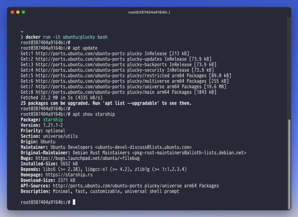 Running `apt show starship` in an Ubuntu docker image shows the starship package details.