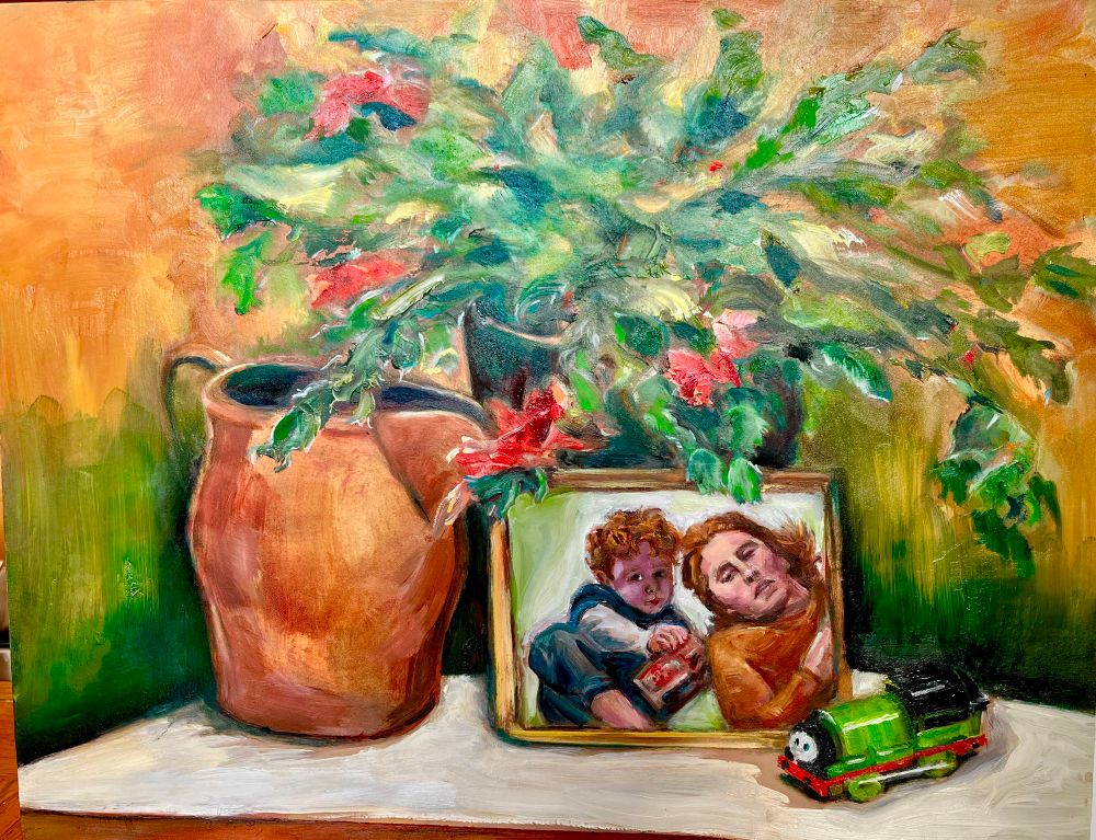 Oil painting of copper pitcher, Xmas cactus, small photo of father and son plus a child’s toy train. Very colorful, orange and green tones