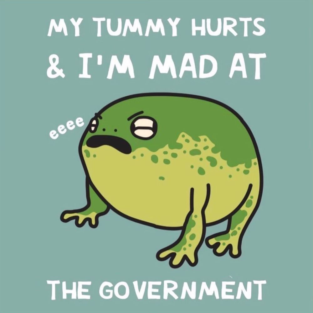 a round frog cartoon going eeeeee and saying MY TUMMY HURTS & I'M MAD AT THE GOVERNMENT