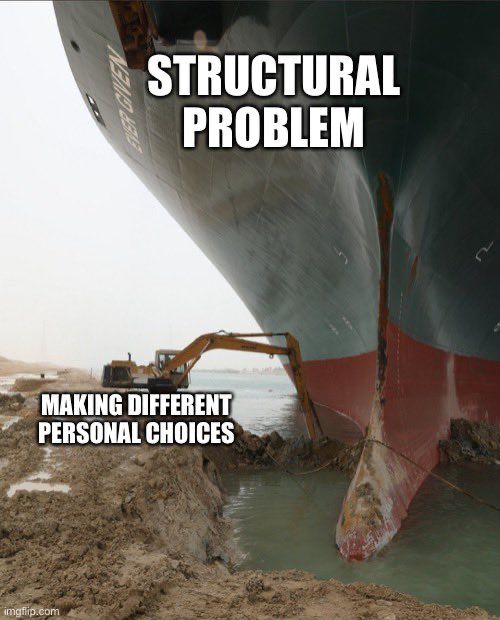 the evergiven boat meme with structural problem being the boat and the lil digger is “making different personal choices” 