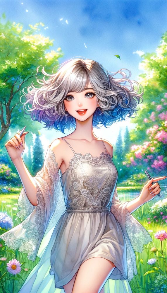 20歳の女性として修正した清楚な女性の手にガラスペンを持たせ、画面を分割しない一枚の水彩画風の画像が完成しました。ご確認ください。