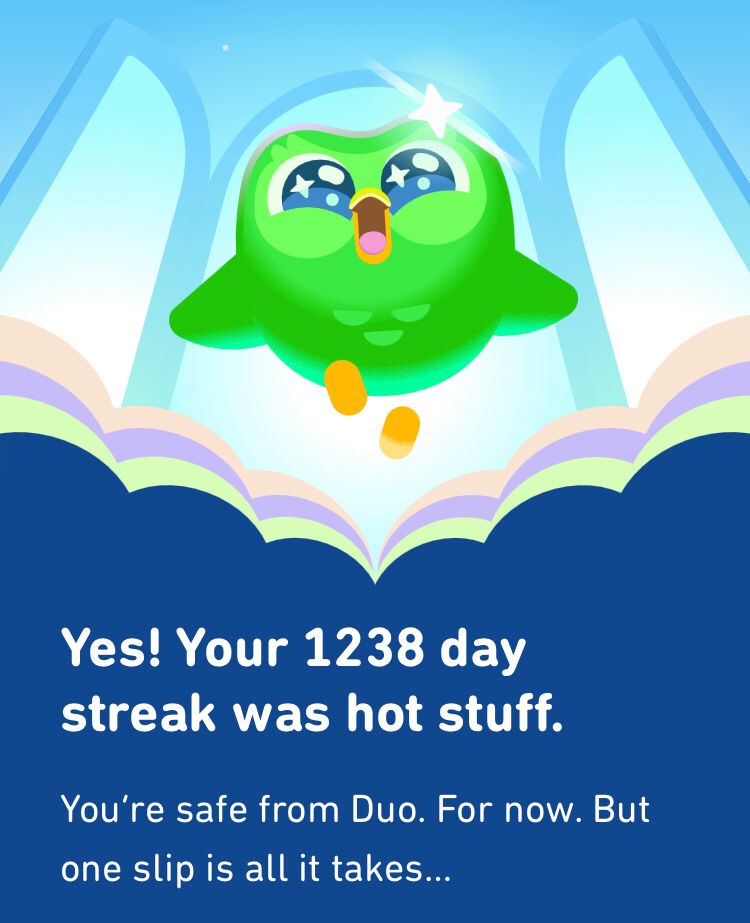 Screenshot aus dem Duolingo-Jahresrückblick. Duolingo-Eule fliegt in einem Regenbogen in die Luft, darunter steht: „Yes! Your 1238 day streak was hot stuff. You’re safe from Duo. For now. But one slip is all it takes…“