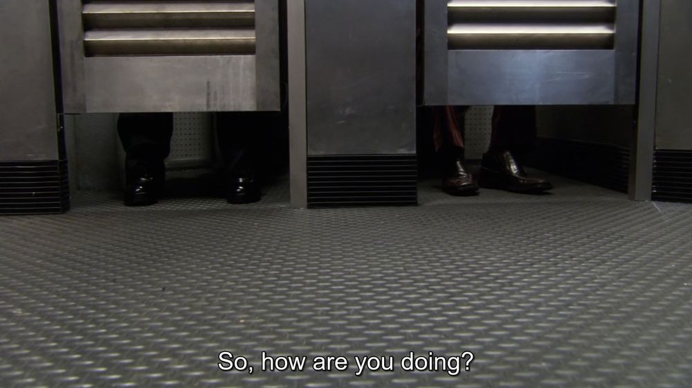 From the show Battlestar Galactica. Two people in adjacent toilet stalls. One says "So, how are you doing?"