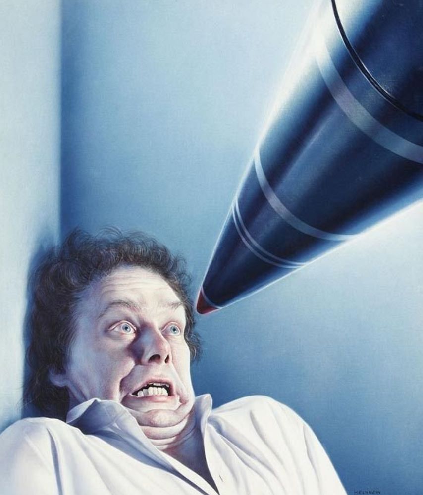 Art of a frightened person threatened by an incoming ICBM a few inches away from impacting their face. By Gottfried Helnwein.