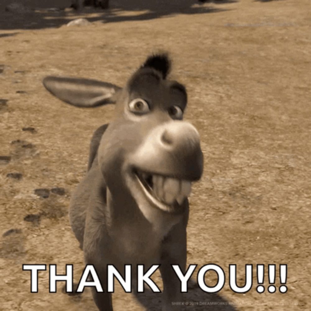 a cartoon donkey is smiling and says thank you !!!