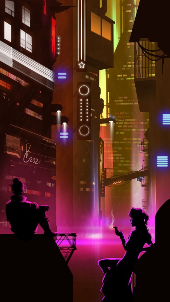 Concept piece of a cyberpunk cityscape. Two silhouetted figures take in the streets in front of them. Neon lights give shape to the buildings and smog rolls across the ground.