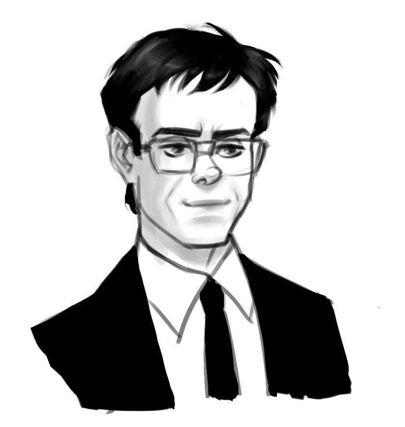 Herbert West, a nerdy scientist, drawn with a self satisfied smile on his face.