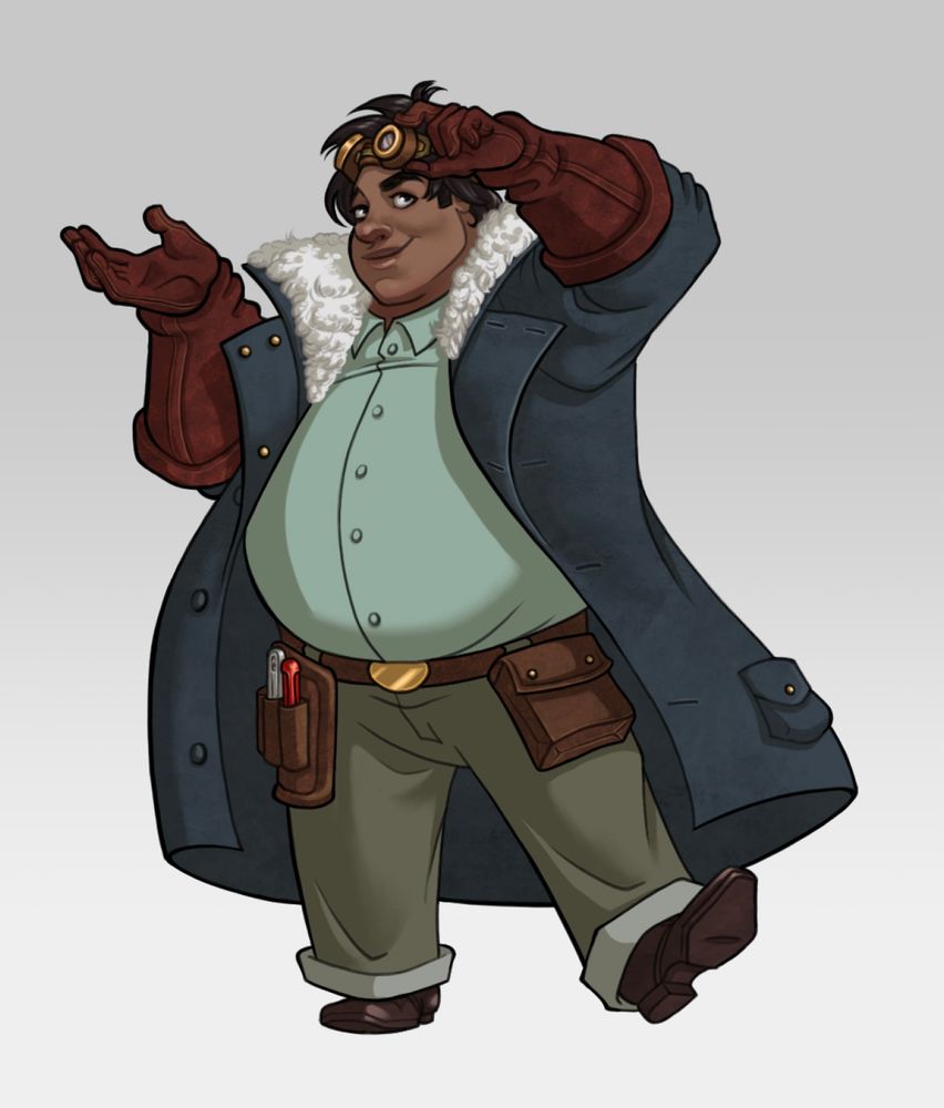 A drawn full body picture of an airship captain. He has a playful attitude and a long fur collar jacket.