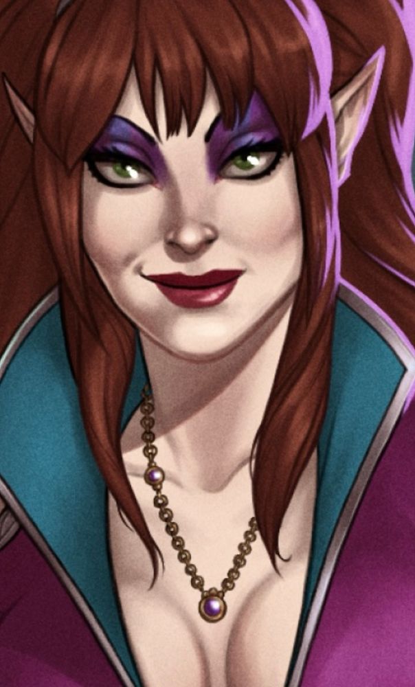 A redheaded half elf sorceress, Elyra, smirks. She is wearing a lot of purple eyeshadow, and a dress with a deep V.